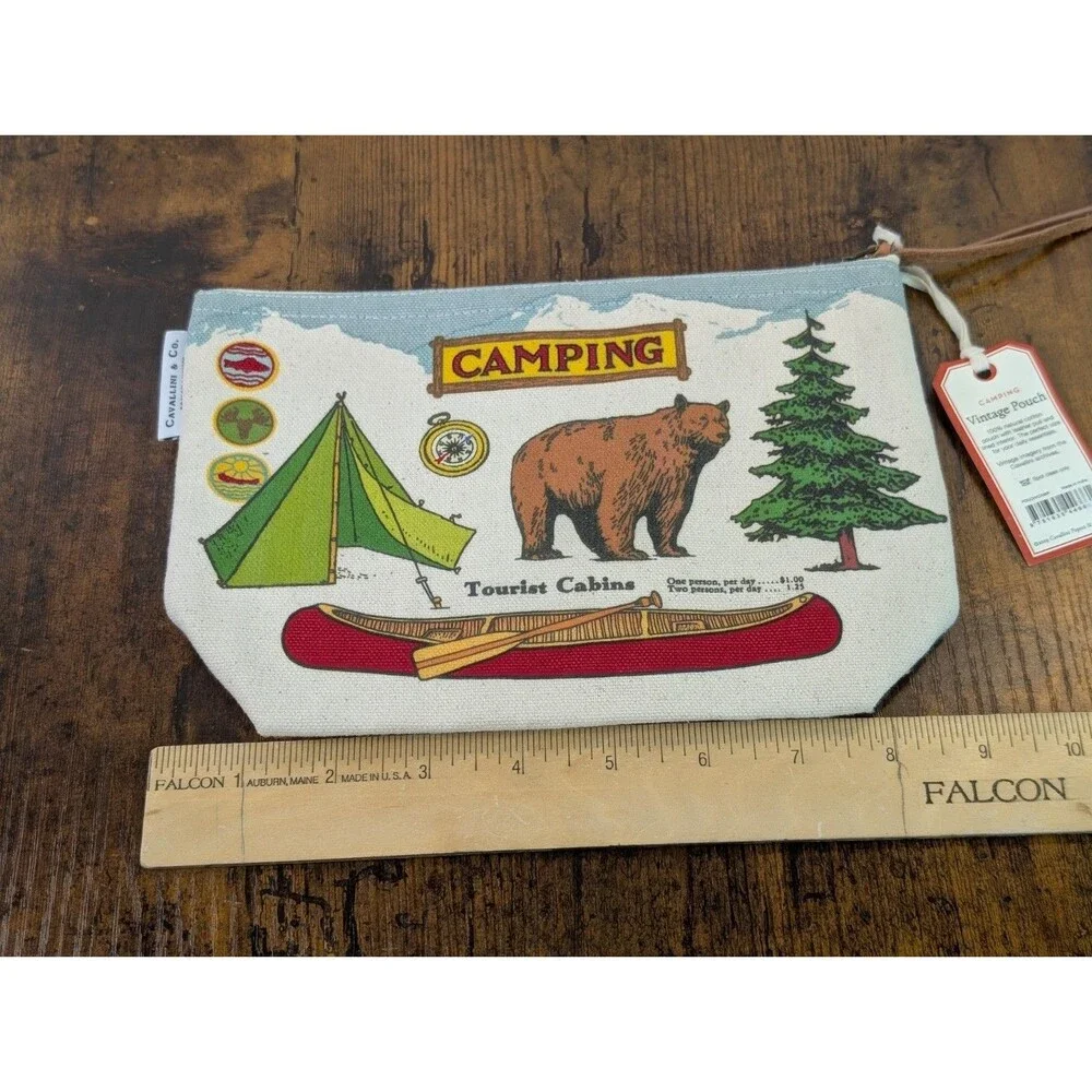 Cavallini & Co Vintage Camping Pouch Canvas Zipper Bag Bear Canoe National Parks
